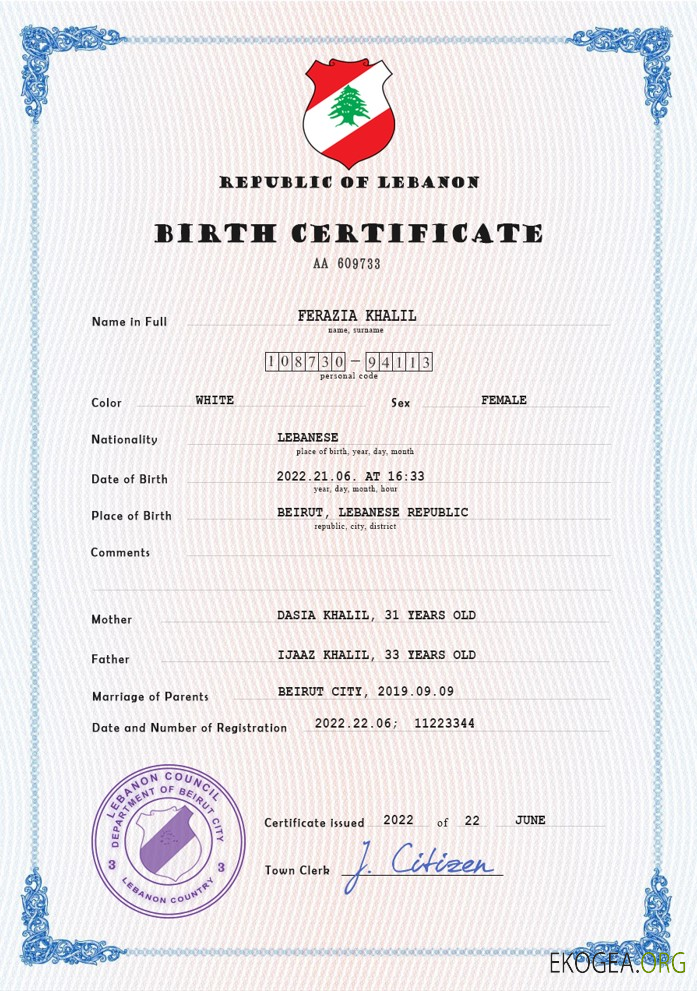 Modèle PSD de certificat de naissance de l'état civil du Liban